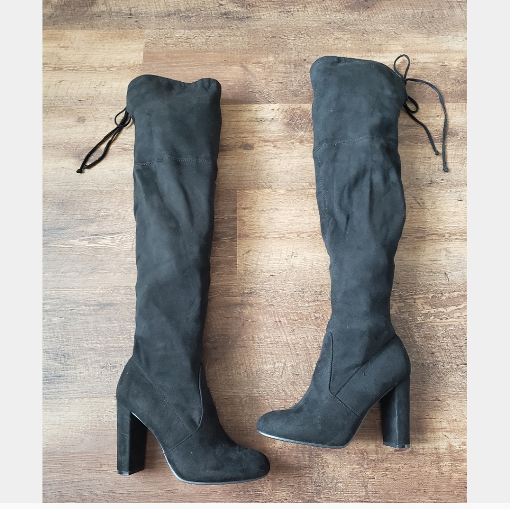 Size 8. Black. Over Knee Boots. Tie up.
